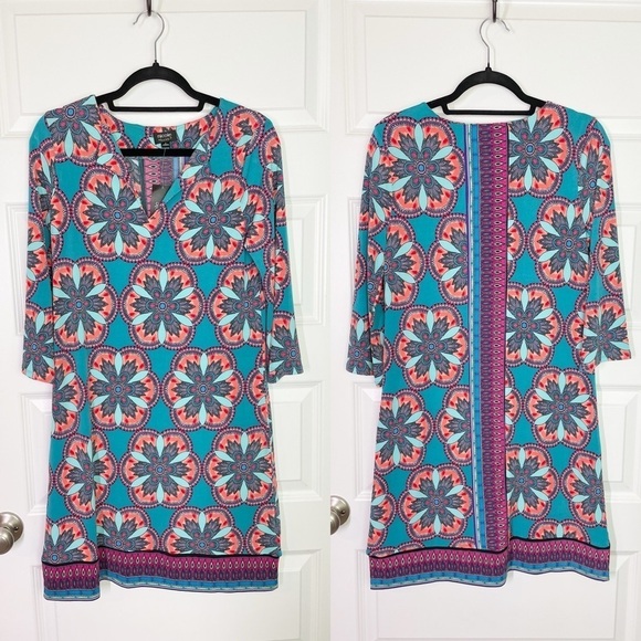 New Nicole by Nicole Miller Geometric Floral Colorful Dress in Turquoise Multi - Picture 1 of 5